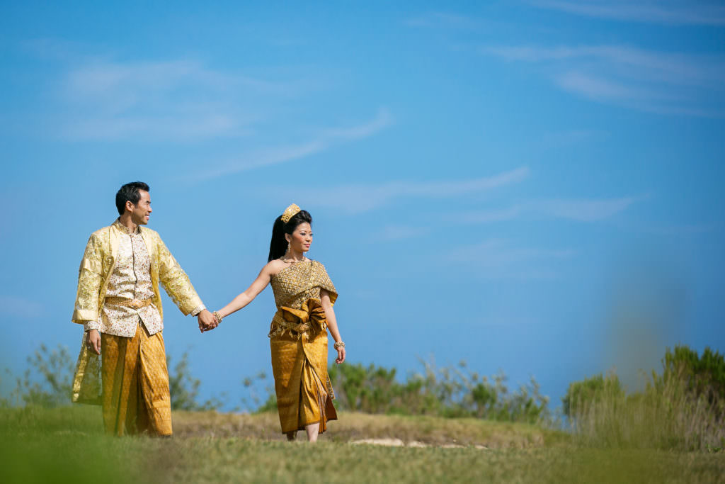 couple wearing traditional cambodian wedding attire