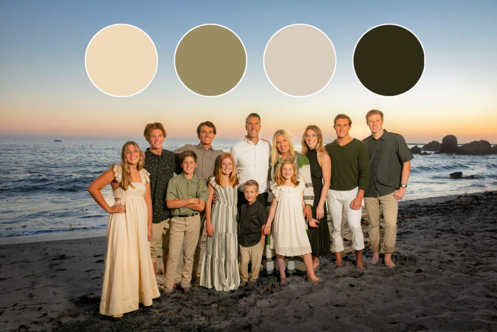 family of 10 wearing coordinating color scheme for portraits at the beach during sunset